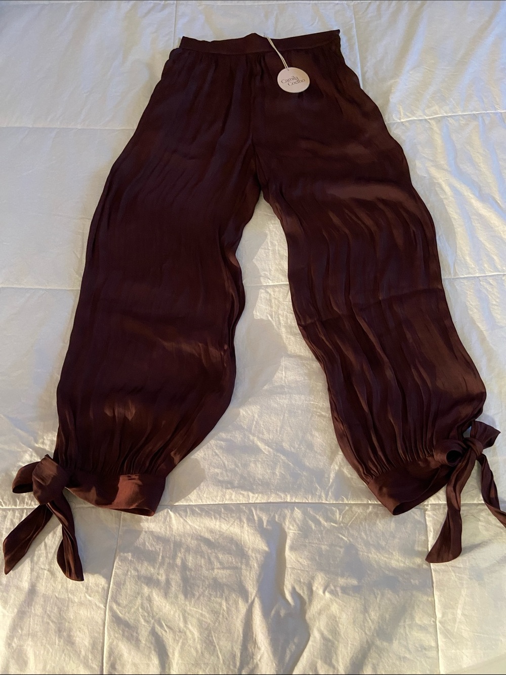 🤎Camila Coelho Chocolate Brown Silky Tie-Hem Wide Leg Balloon Pants🤎